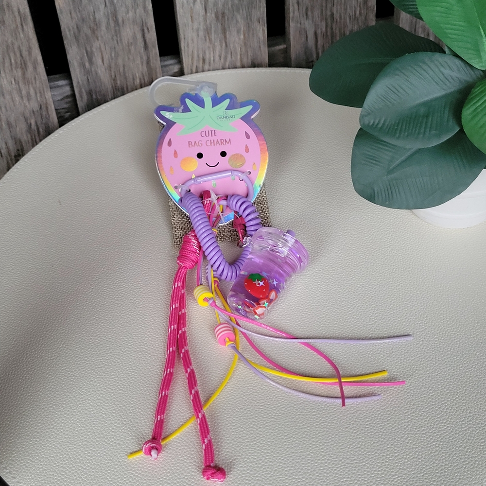 Danbar Cute Bag Charm with Pink  Purple Accents Strawberry Boba Acrylic